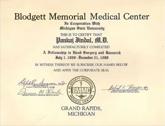 Fellowship certificate, Blodgett Memorial / Michigan State University, 1988