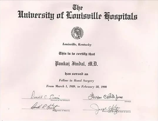 Fellowship certificate, Kleinert Institute / University of Louisville, 1989-1990